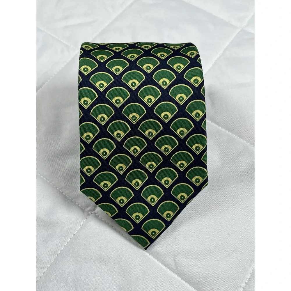 Josh Bach Silk Tie Navy Green Gold Geometric Fan Pattern Novelty